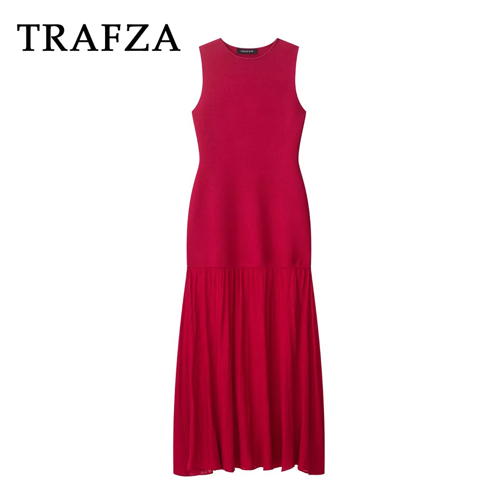 

TRAFZA Chic Red Pleated Patchwork Tank Woman Dress Fashion 2025 Summer O-Neck Evening Party Dress Elegant Birthday Y2K Vestidos