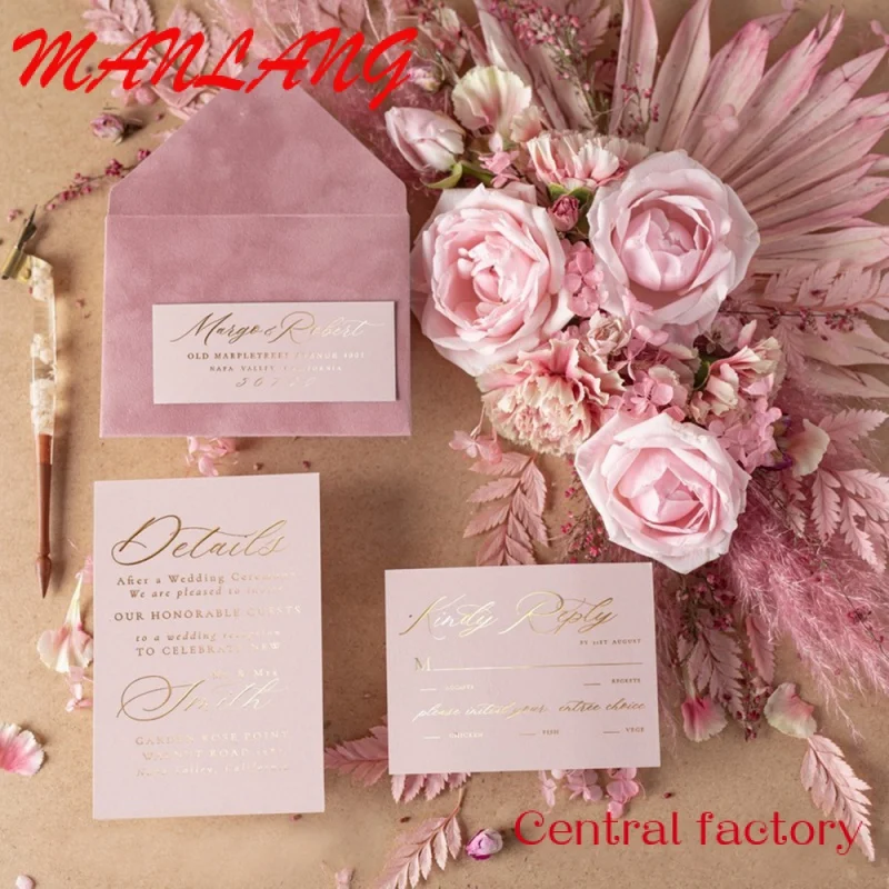 Sobre de terciopelo rosa para invitación de boda, tarjetas de invitación de boda con diseño acrílico Floral de Vellum, la mejor oferta