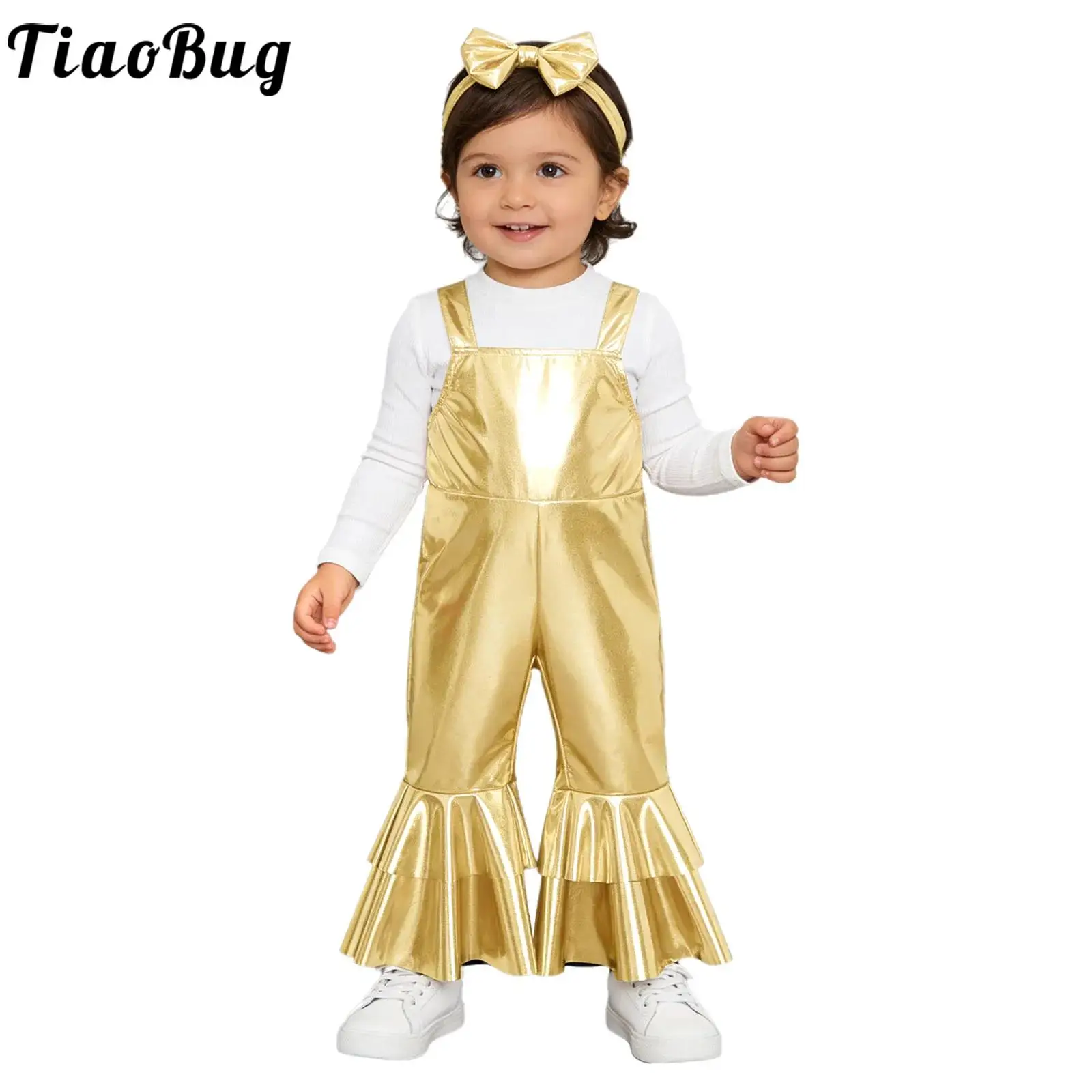 Baby Girls Clothes Metallic Bell Bottoms Romper Kids Adjustable Straps Bow Overalls with Headwear for Birthday Party Photo Shoot