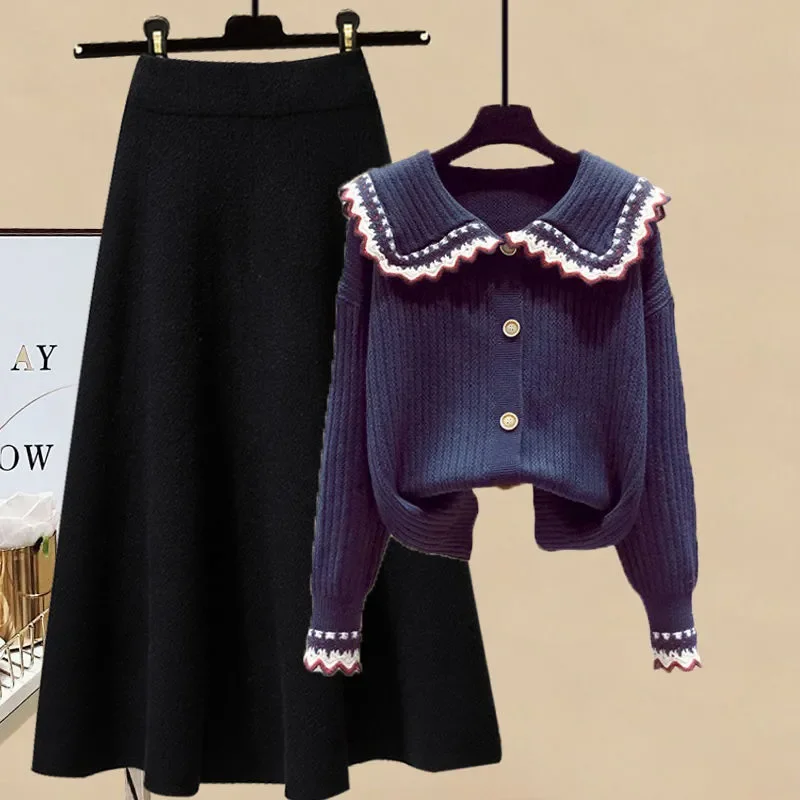 الخريف الشتاء أنيق محبوك بلوزات وتنورة قطعتين مجموعة المرأة الفرنسية شيك فستان طويل مجموعة