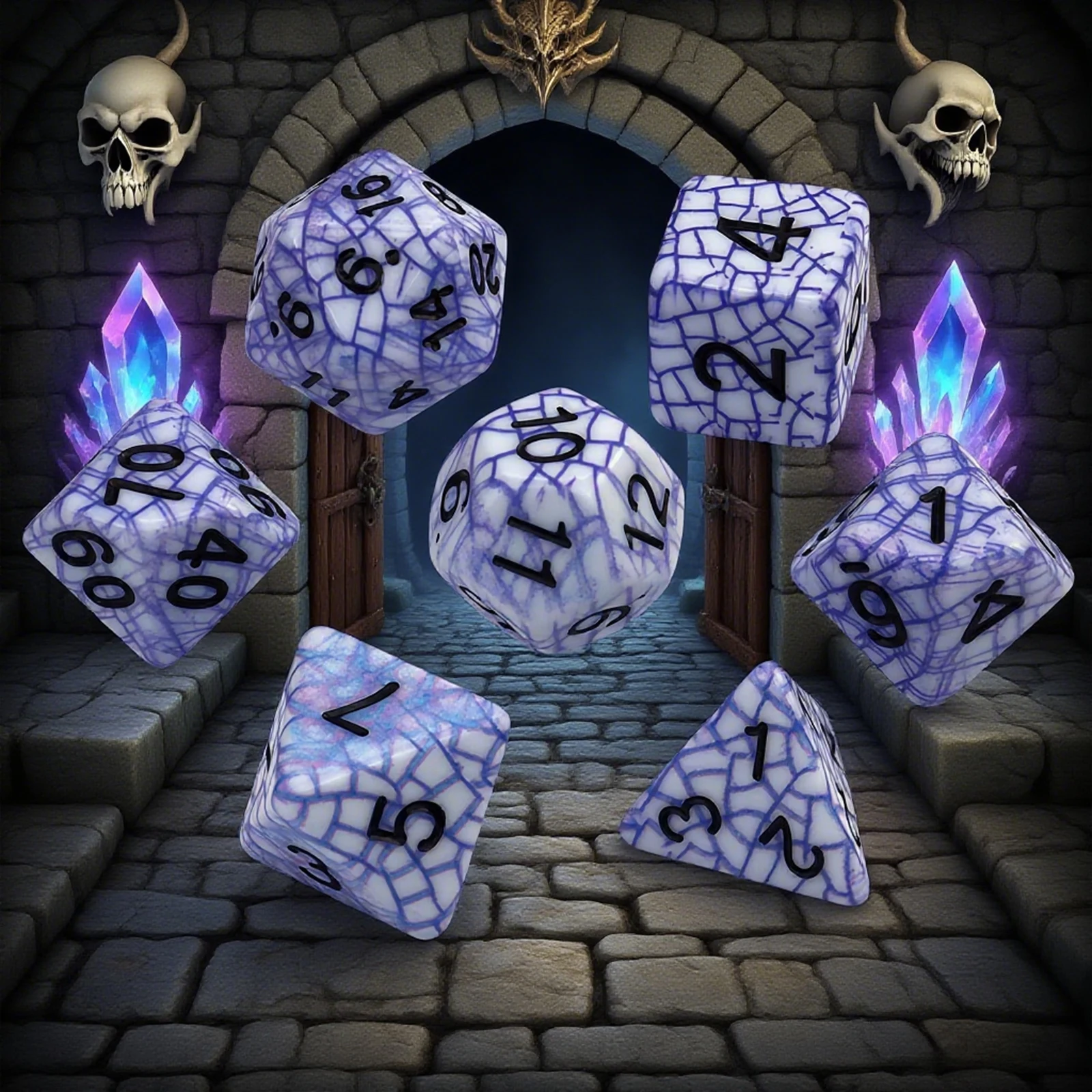 مجموعة نرد شبكية زرقاء متعددة السطوح مكونة من 7 قطع - هدية مثالية للعطلات لألعاب الطاولة العائلية (مع حقيبة تخزين)