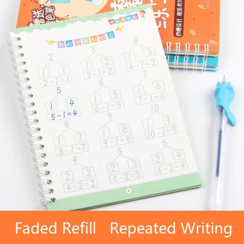 English Maths Chinese Radical Base Pinyin Auto Dry Repeat Practice 3D Copybook Calligraphy Groove Cardboard Book Cards Pen Set
