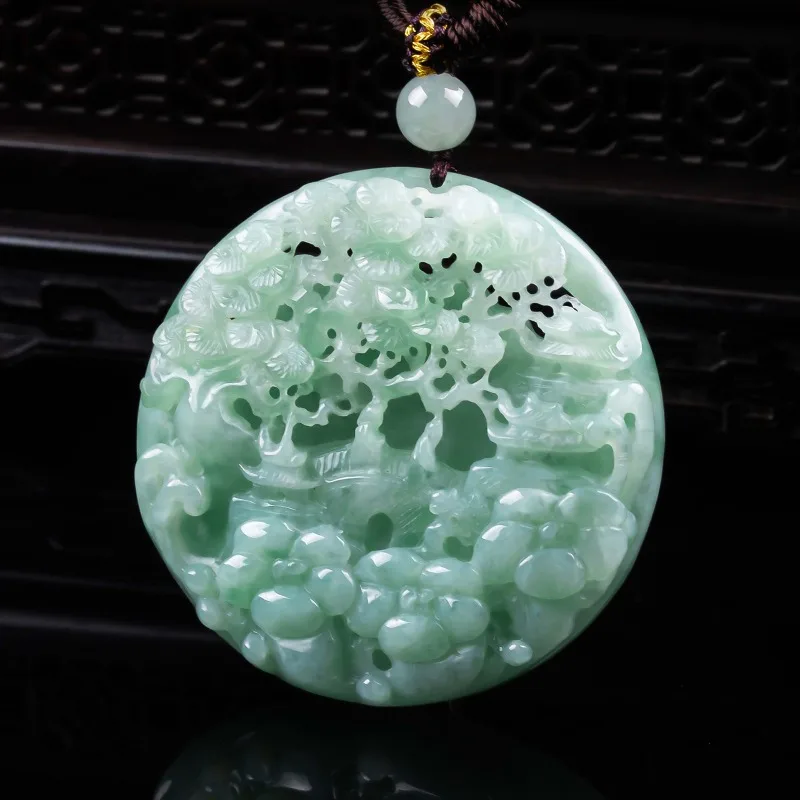 Natural A-grade jadeite rich luxurious mountain dwelling three-dimensional hollow out thickened exquisite high ice jade pendant