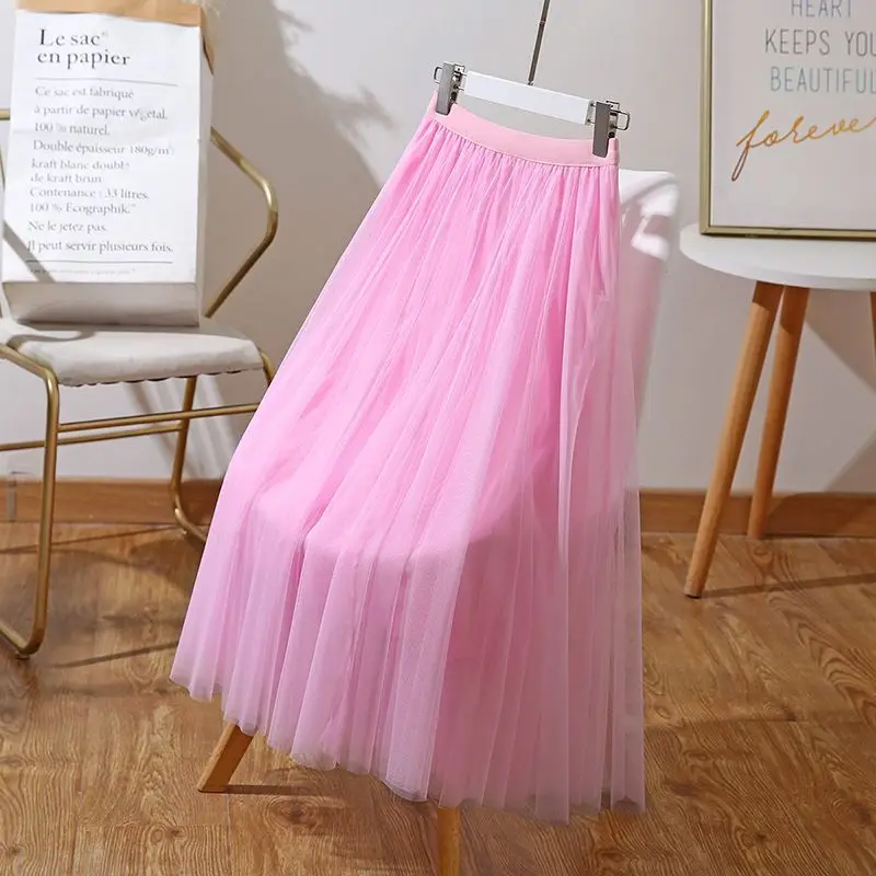 Elegant Tulle Skirts For Women High Waist Mesh A Line Pleated Skirt Faldas Korean Fashion Solid Elastic Waist All Match Skirts
