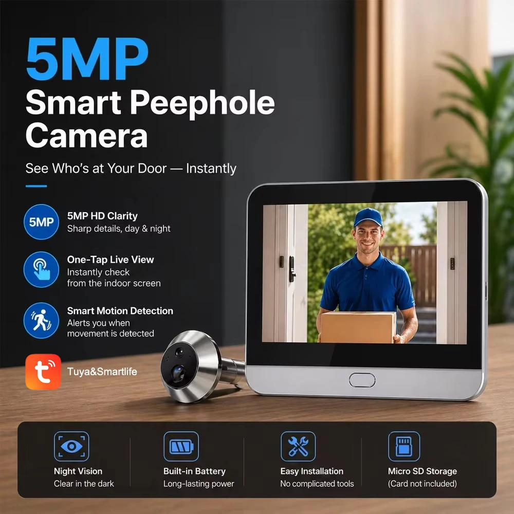 Videocitofono Intelligente 5MP con Schermo da 4,3 Pollici, Rilevamento PIR, Audio Monodirezionale, Monitoraggio Video Remoto Tramite App Tuya per la Sicurezza Domestica