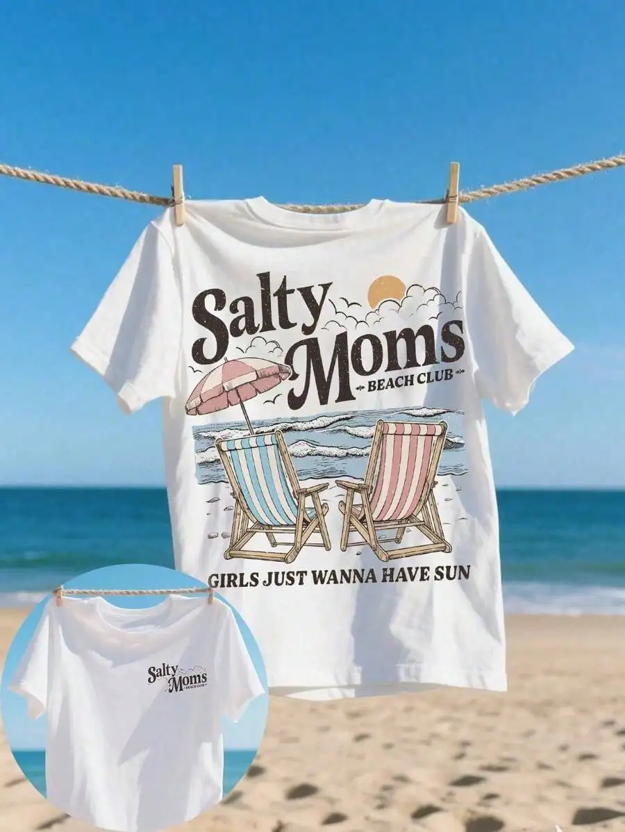 

Футболка с графическим принтом Salty Moms Beach Club, повседневная футболка оверсайз с короткими рукавами и круглым вырезом для женщин