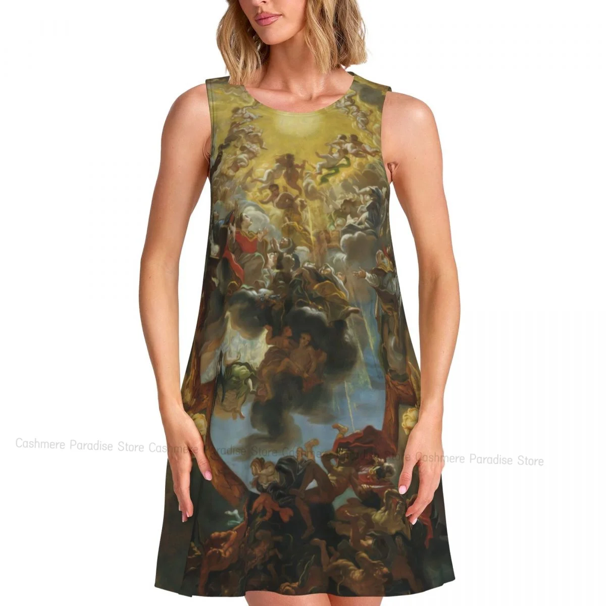 Vestido feminino casual até o joelho com nome de Jesus, gola redonda, sem mangas acima do vestido