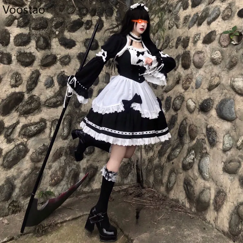 Japanische Gothic Lolita OP Kleid Vintage Mädchen Dark Spitze Rüschen Bogen Maid Party Kleider Frauen Süße Prinzessin Schwarz Weiß Kleid