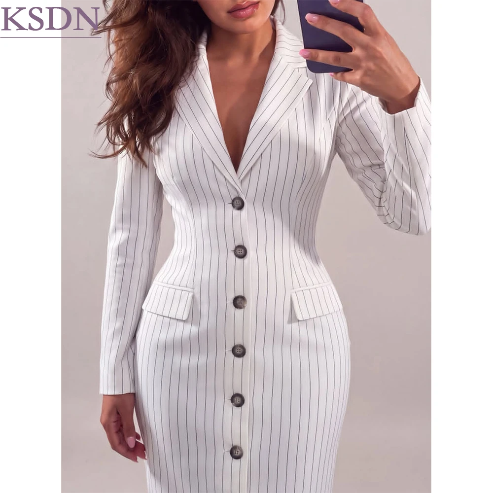 Luxury White Stripe Women's Maxi Blazer High Quality Single Breasted Notch Lapel 1 Piece Jacket Fashion Female Clothing