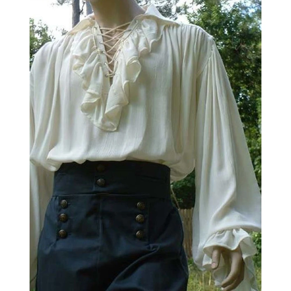 Costume de la Renaissance pour hommes, manches longues à volants, à lacets, chemise de Pirate Steampunk médiéval, Cosplay Prince, Costume de scène de drame