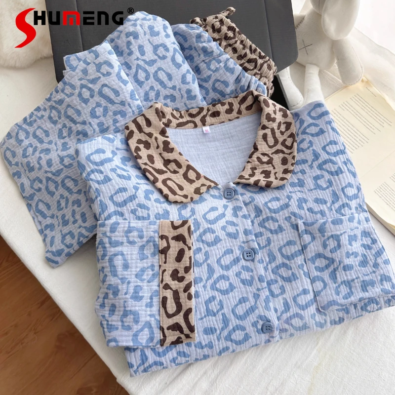الفتيات الراقية الأزرق ليوبارد طباعة النوم مجموعة القطن الشاش الخريف منامة المرأة طويلة الأكمام اليابانية يمكن ارتداؤها ملابس المنزل الدعاوى