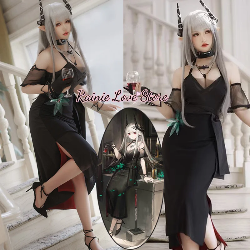 Game Arknights Mudrock Cosplay Costume Obsidian Outfit Dress Horn Offwhite Wig Carnival Uniform Christmas Prop Char_311_mudrok