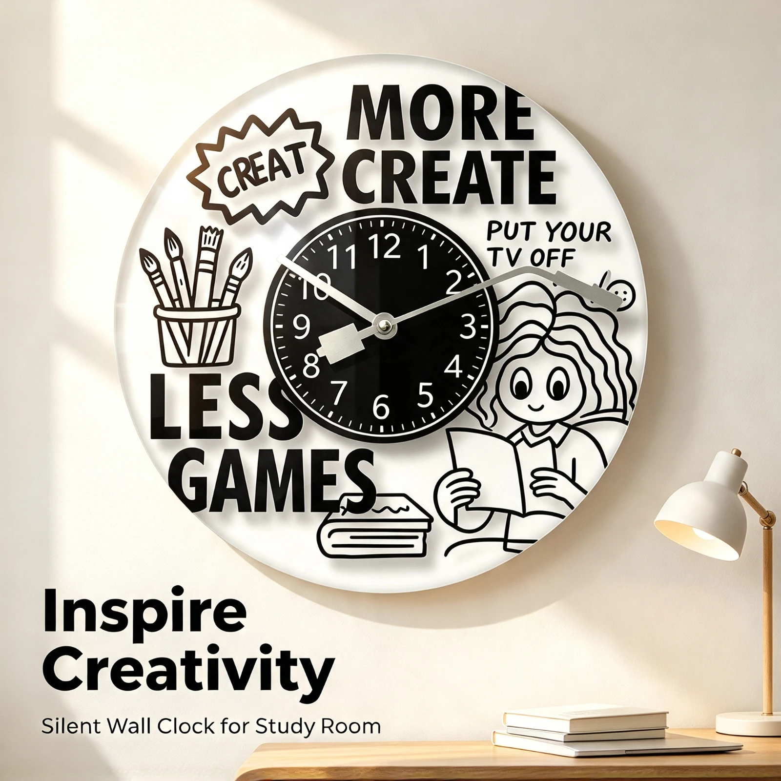 Silent Wall Clock 12 Inch, Tempered Glass Creative Book Reading, Art Decor Modern Living Room, Bedroom Home Office Gift Watch