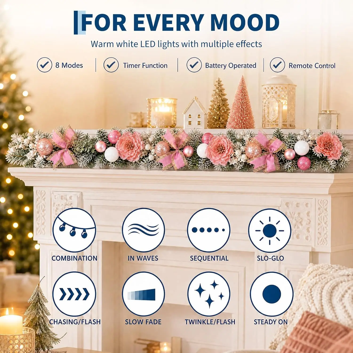 180cm Christmas Garland With Pink Magnolia Artificial Flowers 20 LED Lights 8 Modes And Timer Battery Operated Rattan Vine Decor For Indoor Outdoor Mantel Fireplace And Stair - view 3