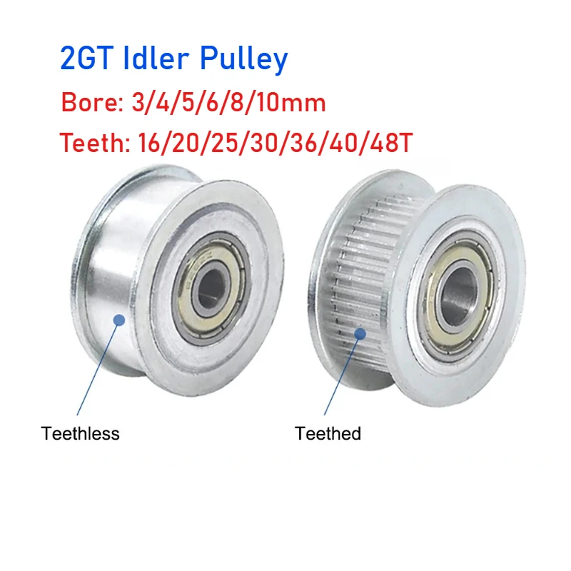 2GT 16T~48 Teeth Synchronous Wheel Idler Pulley With/without Tooth Bore 3-10mm With Bearing For GT2 Timing Belt Width 6/10mm