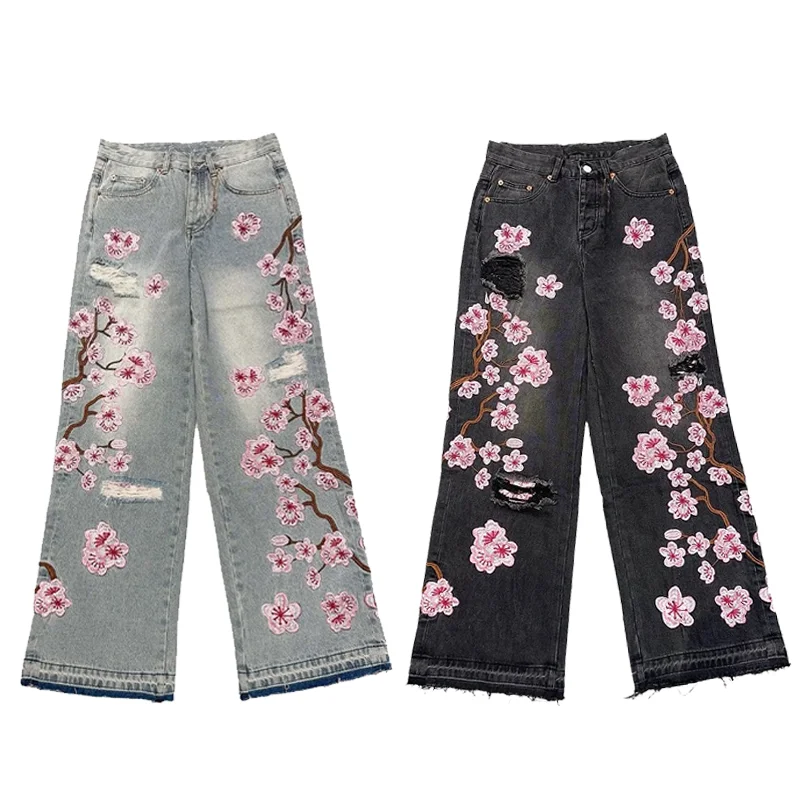 

Y2K Baggy jeans Harajuku vintage embroidery plum blossom pattern ripped jeans men women American Goth Streetwear Wide Leg Jeans