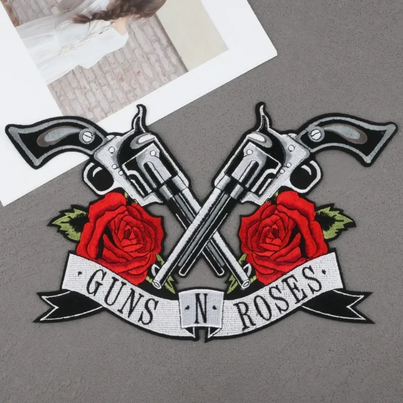 

Large Rose Gun Embroidery Cloth Sticker Jacket Patch Sticker Denim Embroidery Label Pistol Embroidery Chapter Label