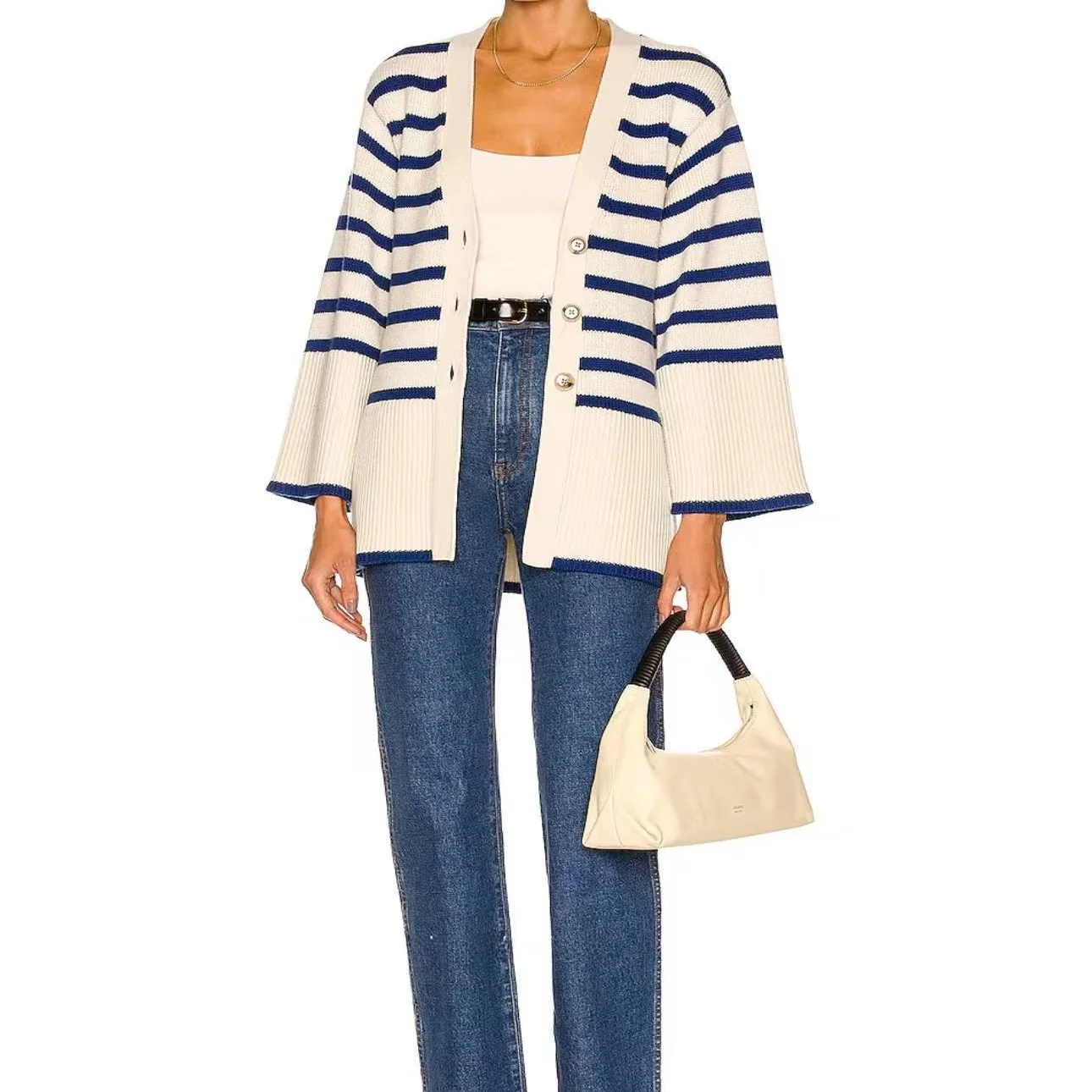 

Свитер-кардиган женский в скандинавском стиле, роскошный, в полоску, из хлопка и шерсти, расклешенный, с V-образным вырезом, вязаный, модный, удлиненный, средней длины