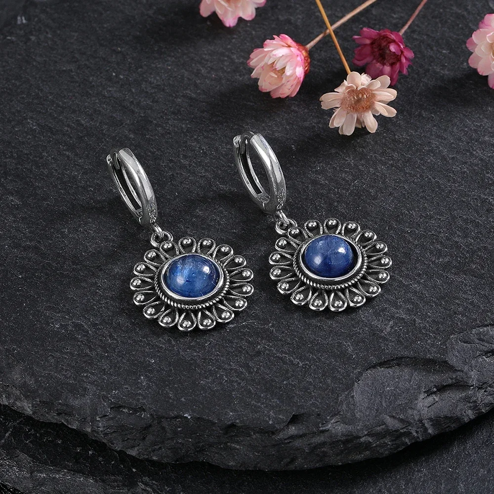 Pendientes de cianita Natural para mujer, aretes de aro de labradorita de Plata de Ley 925 con forma de flor, regalo de joyería de aniversario