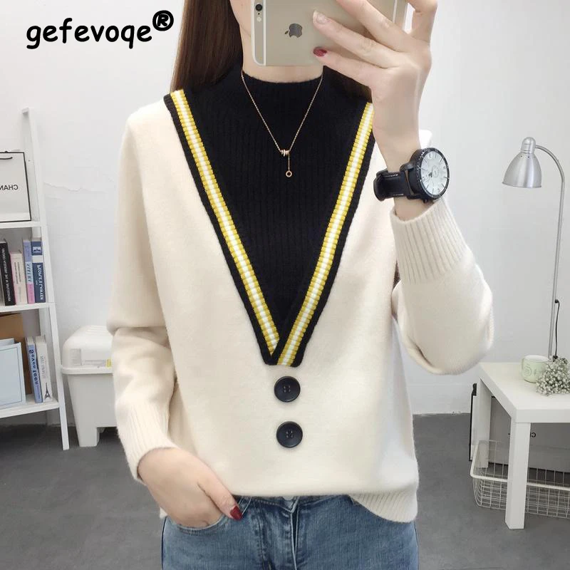 New Korean Style Elegant Fake 2 Piece Half High Collar Knitwear Autumn Winter Women Casual Pullovers Knitted Sweater Jumper Tops