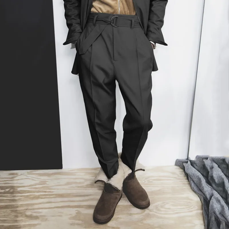 Men's Woolen Trousers Thickened Autumn And Winter Wool Woolen Fabric Loose Yuppie Double Waist Ring Pleated Trousers