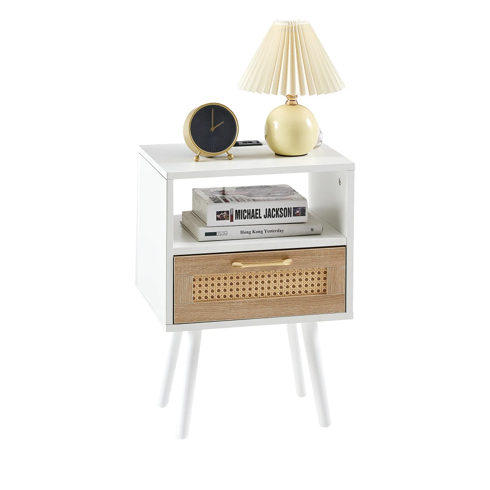 15.75" White Rattan End Table with Power Outlet & USB Ports, Modern Nightstand with Drawer and Solid Wood Legs, Rectangle Side Table for Living Room Bedroom Office, Easy Assembly, Smooth Slide Storage Drawer view 6