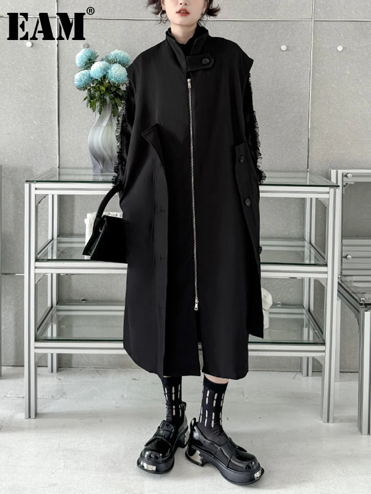 [EAM] Women Black Big Size Asymmetric Long Vest New Stand Collar Sleeveless Loose Fashion Tide Spring Autumn 2024 1DH4335