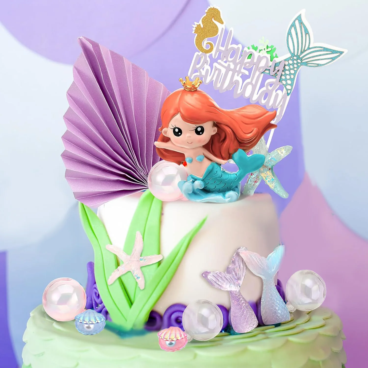 

The Sea Cake Toppers set with Little Resin 3D Mermaid Seaweed Bubble Starfish Shell Mermaid Tail Cupcake Picks