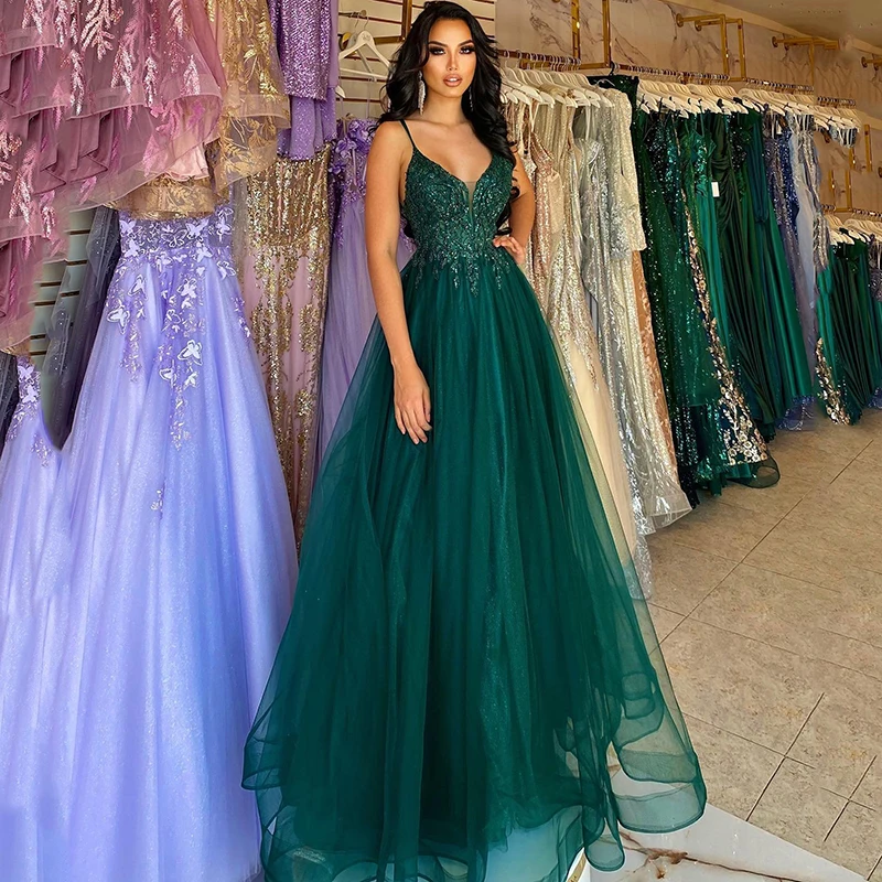 

Eightree Formal A-Line Evening Prom Dresses V-Neck Beadings Appliques Tulle Dress Saudi Arabia Cocktail Party Gowns Custom Size