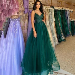 Eightree Formal A Linha Evening Prom Vestidos V-Neck Baguetes Apliques Vestido De Tule Arábia Saudita Vestidos De Festa De Cocktail Tamanho Personalizado