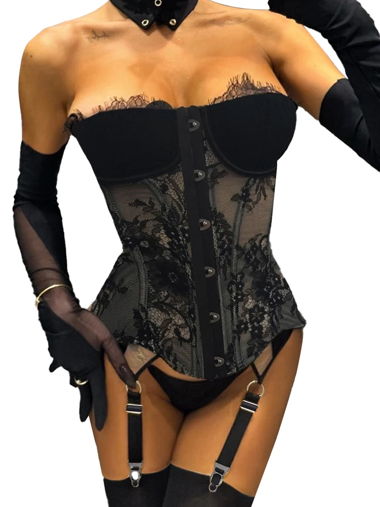 

Belamimi Elegant Sexy Female Lingerie Black Transparent Straps Palace Corset Underwear Dancer Stockings Club Call Of The Night
