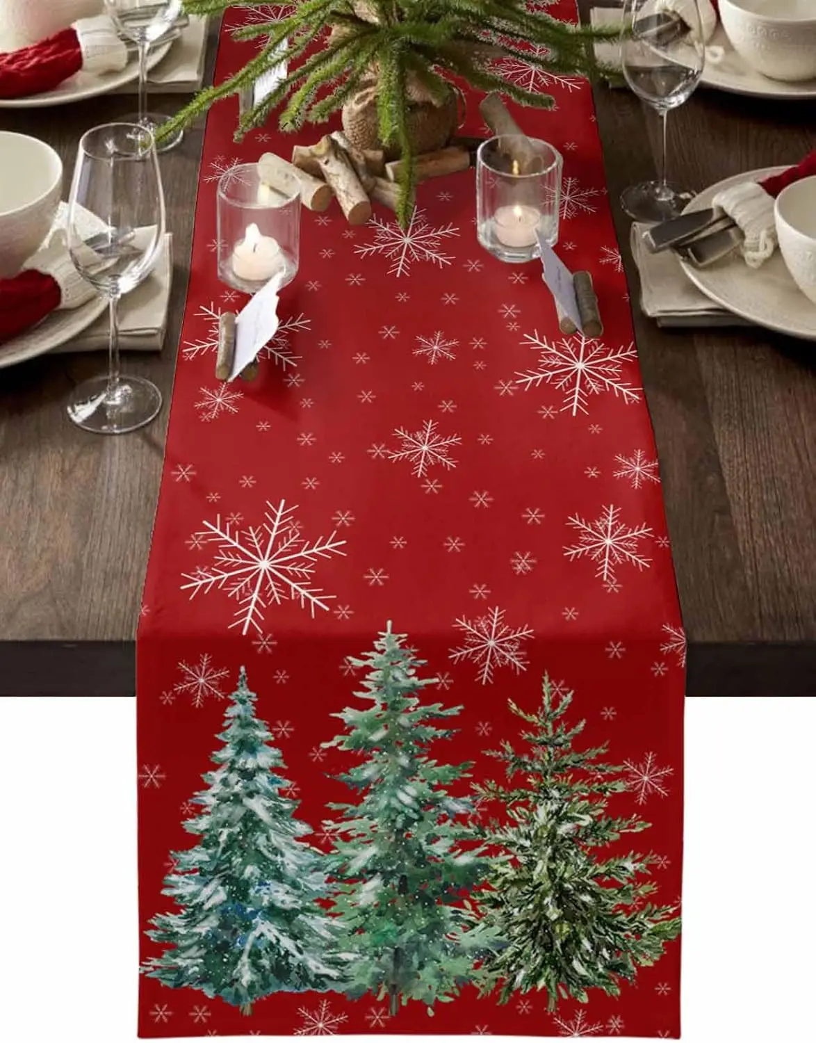 Christmas Green Pine Tree Linen Table Runner Party Decor Reusable Winter Xmas Kitchen Dining Table Runner Christmas Decorations