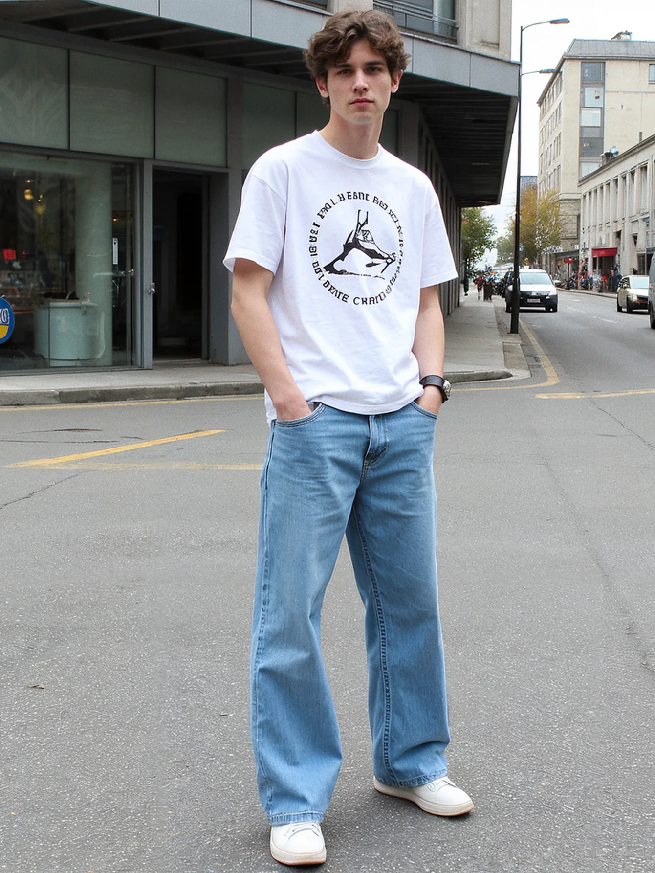 Men's Baggy Denim Jeans Star Print Waistband, Loose Straight Leg Street Style Pants