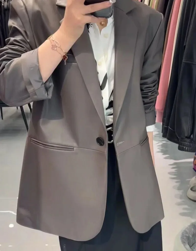 معطف جلد الغنم بطبقة علوية للنساء بدلة بزر واحد وياقة خلفية 100% ملابس جلدية كبيرة الحجم ليندا بيج رمادي Ceket