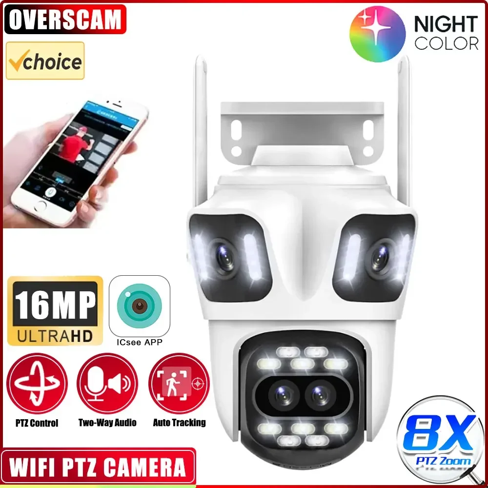 16MP Outdoor WiFi Surveillance Camera Four Lens Screen 8X PTZ Zoom IP Camera Auto Tracking Color Night Security Cameras iCSee