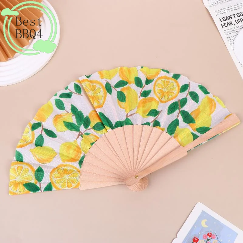 (BBQ4)Lemon Print Folding Hand Fan Fruit Pattern Bamboo Fabric Handheld Fan For Summer Cooling Dance Performance Wedding Party