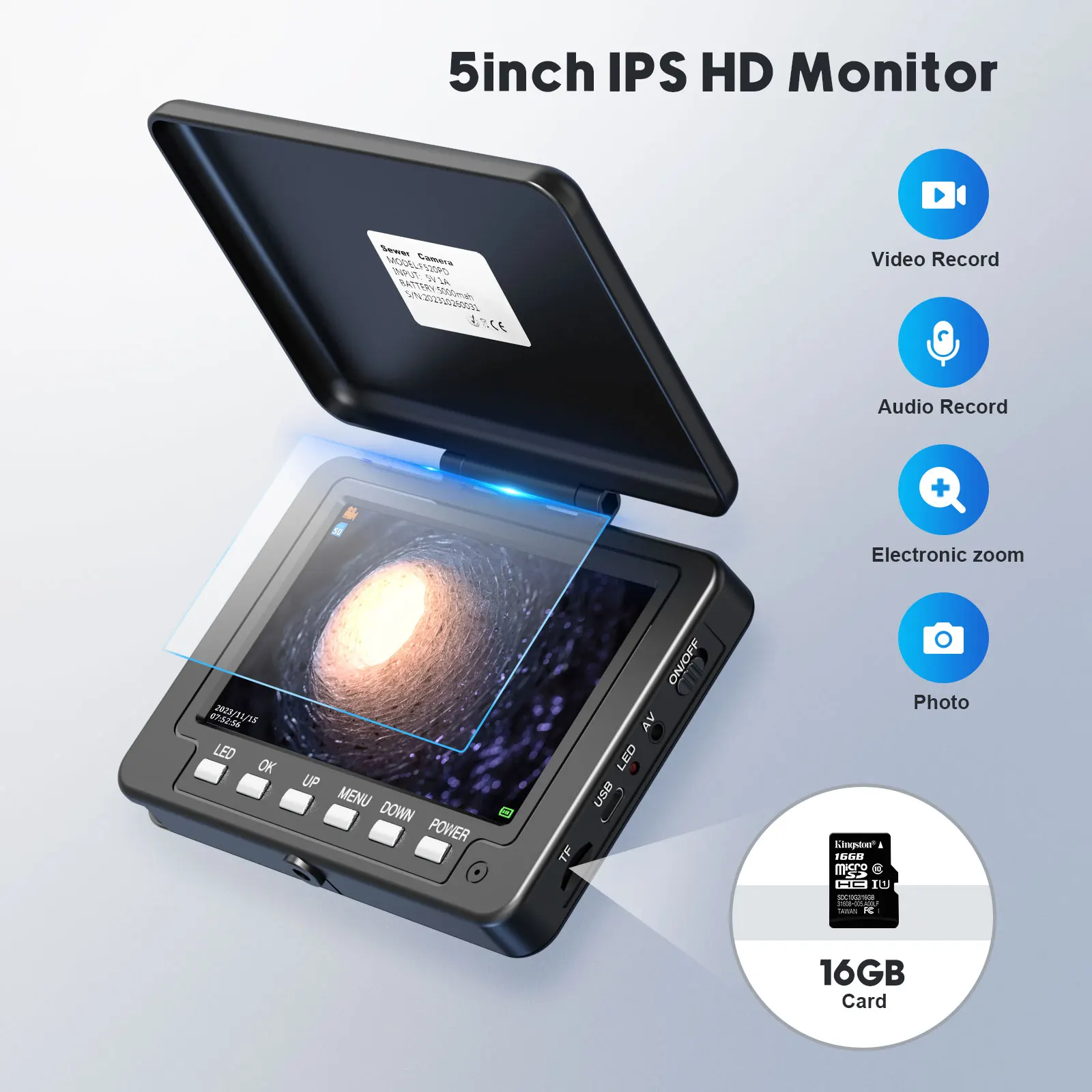 Pipe Inspection Camera 5in+ Self-Leveling 512HZ Transmitter+Audio Recording +DVR Drain Sewer Inspection Video Endoscope Camera