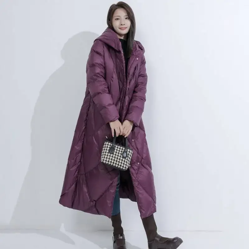 سترة بيضاء مبطنة للنساء سترات شتوية بقلنسوة أنماط طويلة واحدة الصدر معطف مقاوم للرياح ملابس ثلج فضفاضة غير رسمية ملابس خارجية