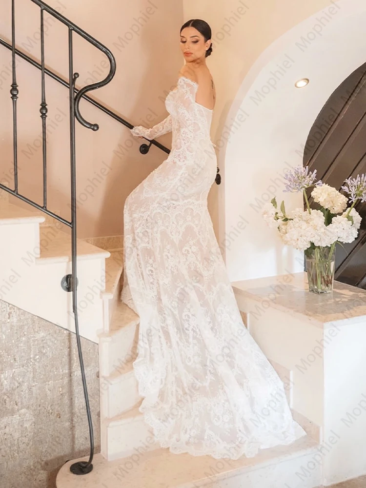 Mophiel Mermaid Wedding Dresses Long Sleeve Off Shoulder Lace Bride Dress Sweep Train Elegant Reception Bridal Gown Customized