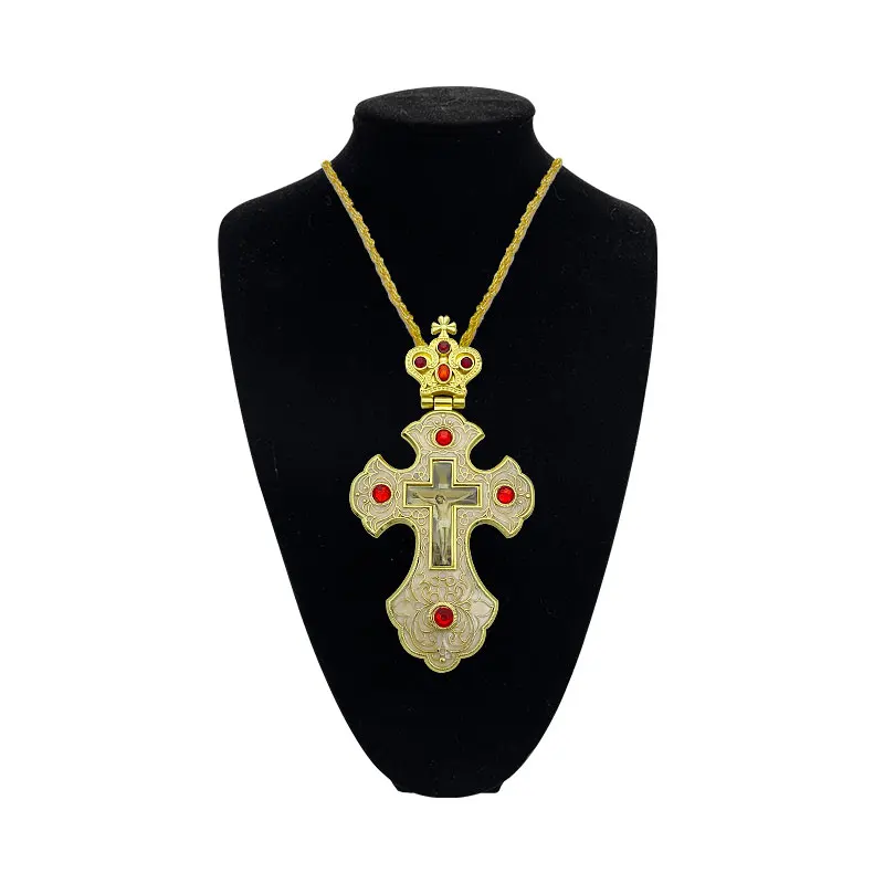 Orthodox Pectoral Cross Necklace Gold Plated Enamel Crown Crucifix Jesus Red Blue Green Gem Priest Religious Church Prayer Gift