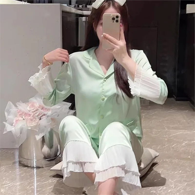 2PCS/Set Ice Silk Pajamas Spring and Summer Lace Edge Sweet Lovely Thin Section Homewear Fashion Soft Simple Solid Loungewear