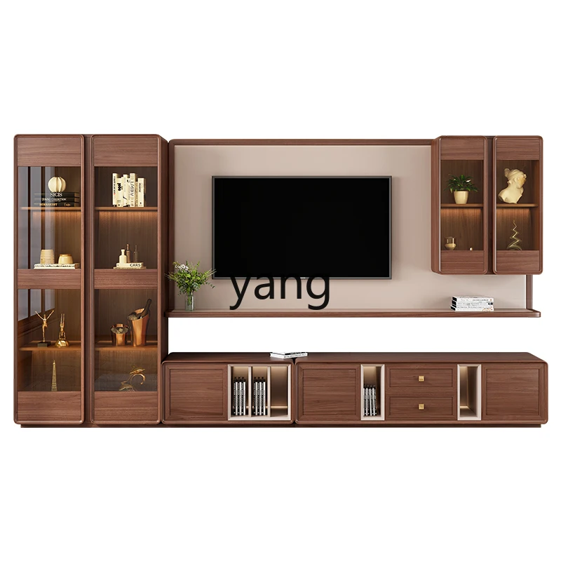 

LTT Black Walnut TV Cabinet Solid Wood Living Room Background Wall Suspended Side Cabinet Simple Storage Organizer