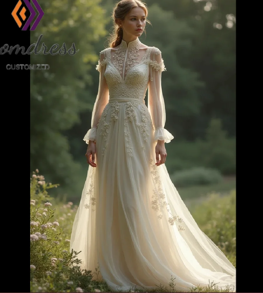 

Flowy Boho Forest Wedding Dress 2025 High Neck Lace Long Sleeve Unstructured Fairy Bride Dress Civil Bohemian Bridal Customized