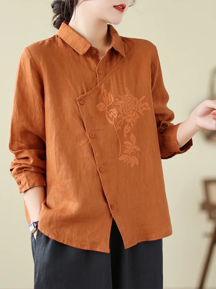 

Retro Embroidered Cotton Linen Shirt Women's Loose Fit Long Sleeve Collar Pure Color Spring Fashion Slimming Mom Shirt