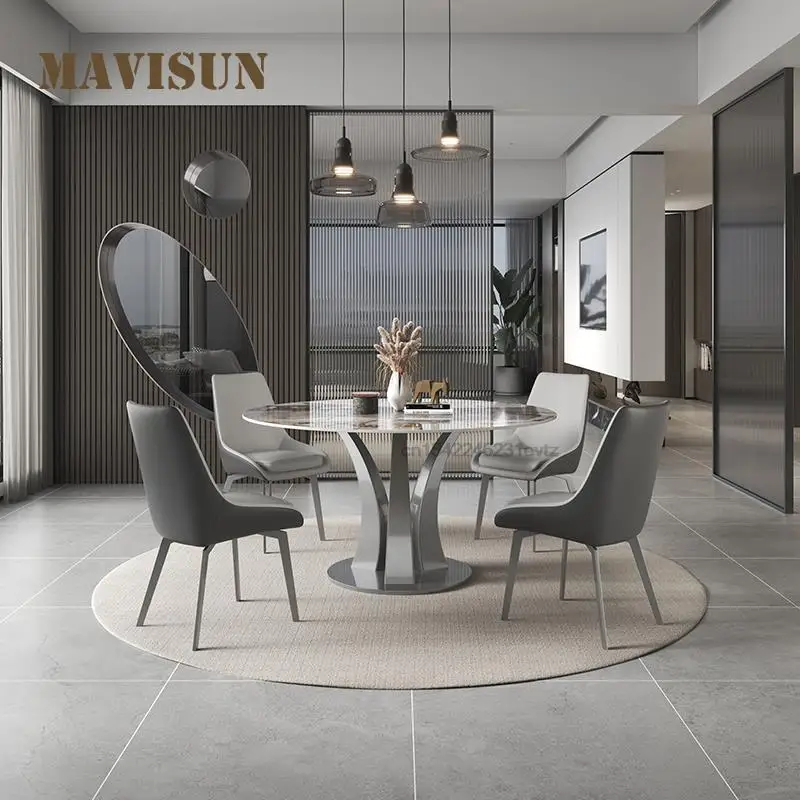 

Italian Minimalist Marble Round Table With Turntable Home Small Apartment Light Luxury Modern High-end Slate Restaurant Table