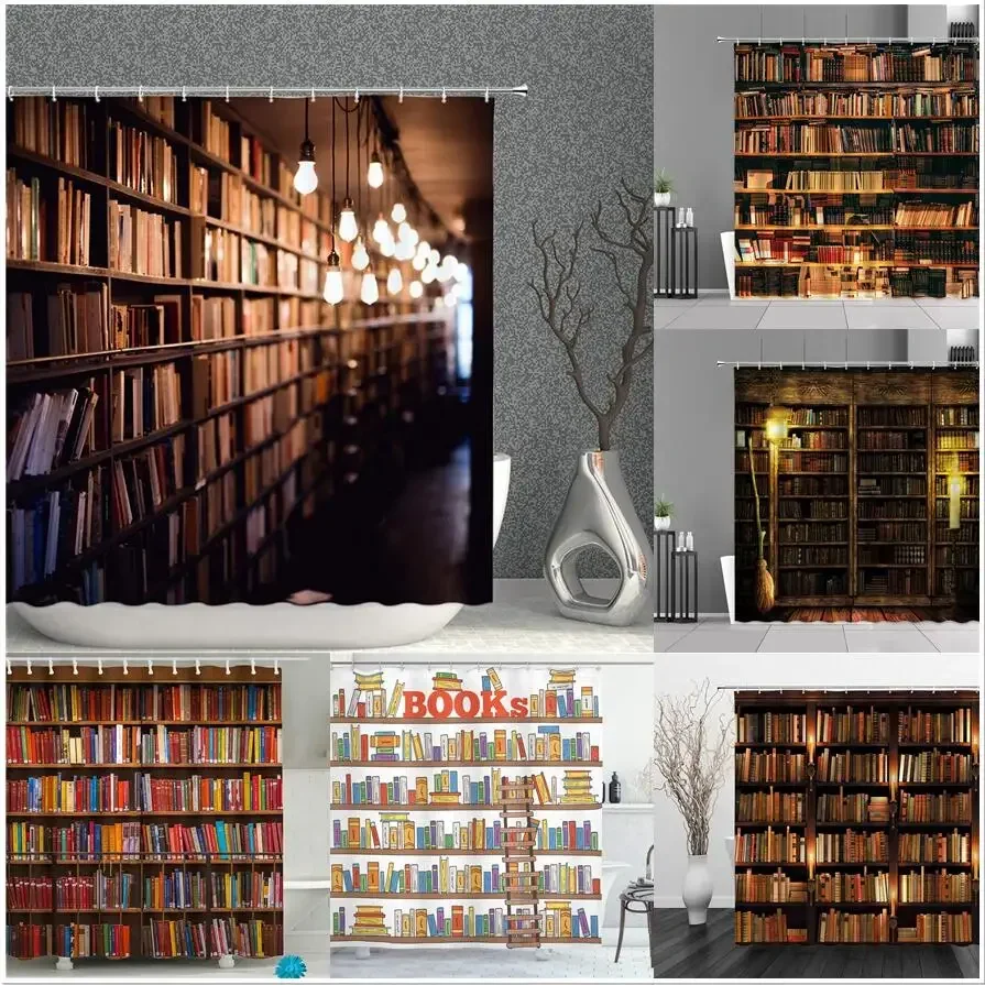 Library Old Wooden Booksheld Shower Curtains Magic Book Design Bath Curtain Study Room Temple Decoration Bathroom Decor Screens