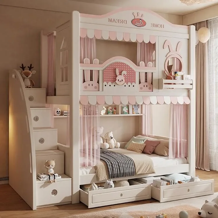 Do not disturb each other on and off the bed Bunk bed Adult high box cartoon girl Princess bed Upper and lower bunk children's