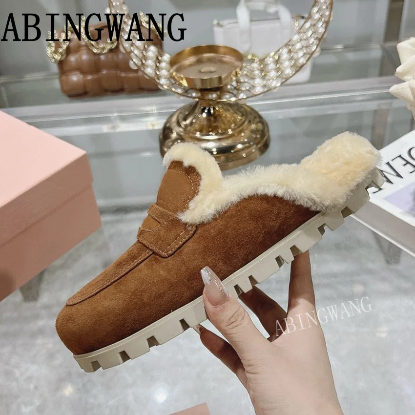 2024 Winter New Suede Inside Fur Women Slippers Round Toe Classic Flats Home Mules Brand Casual Warm Shoes For Women Mujer