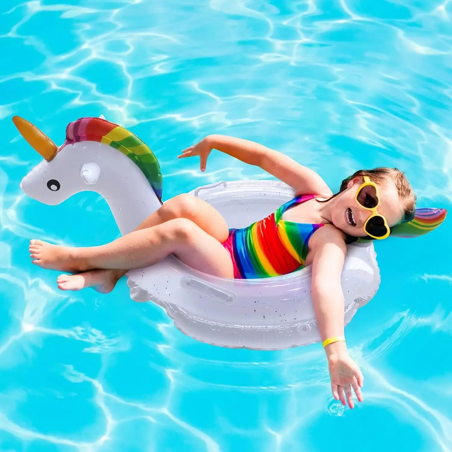 Flutuadores infláveis da piscina do unicórnio do flamingo para crianças 2 pacotes dos anéis de natação com assento de segurança e tubos da piscina do punho para a praia divertida flutuante