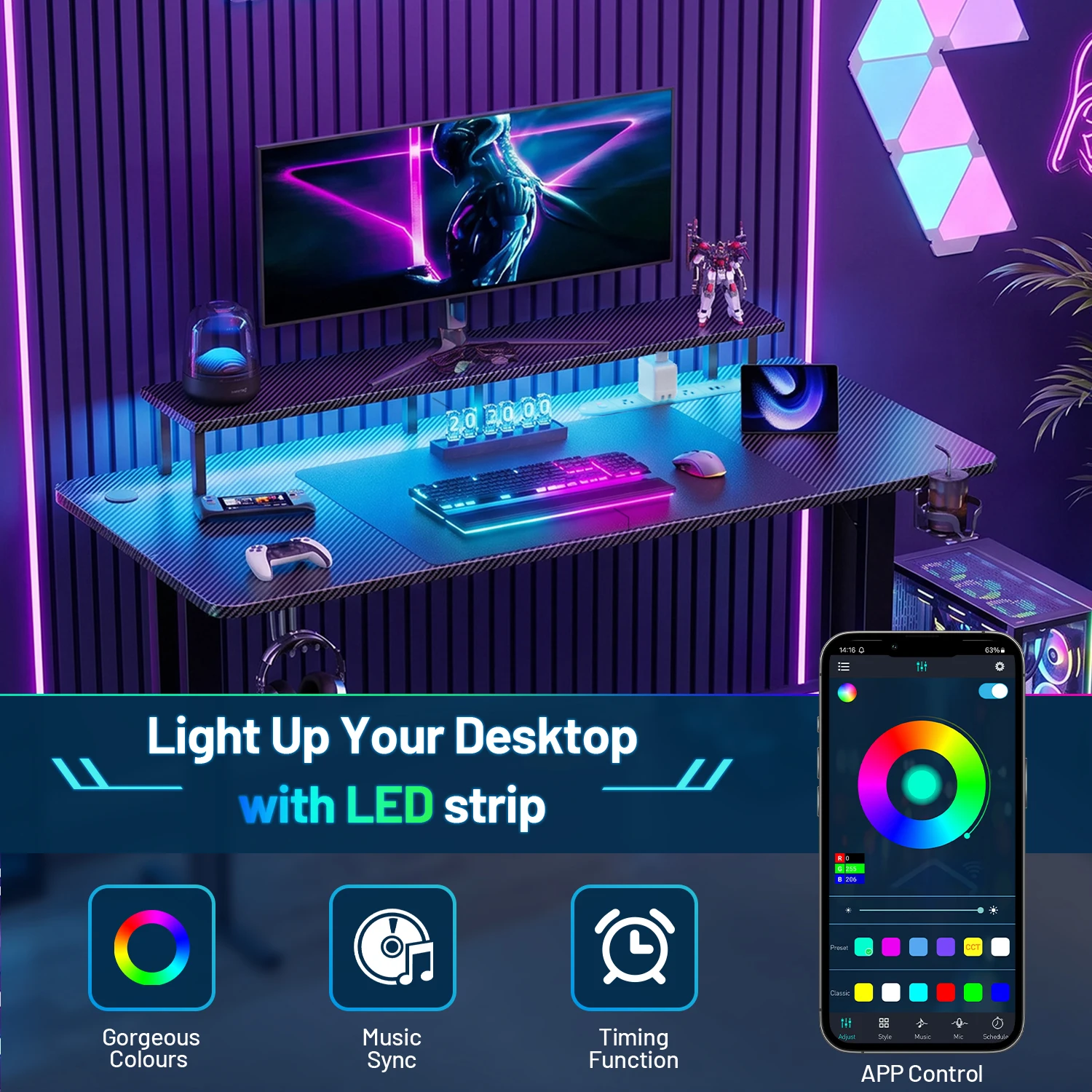 Ergonomischer Gaming-Schreibtisch mit Steckdosen, Tischplatte aus Kohlefaser mit Getränkehalter und Kopfhörerhaken, Gaming-Schreibtisch mit Monitorständer – Detail 4